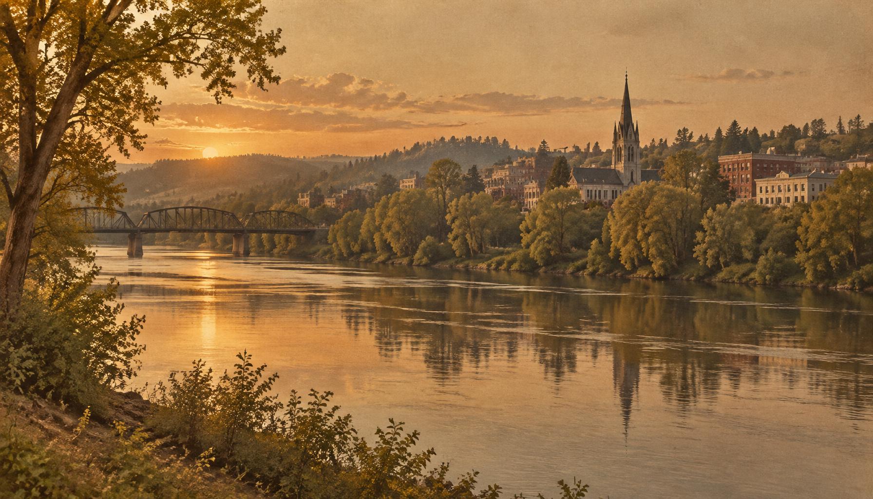 The Willamette River at Salem, Oregon, in warm archival tones